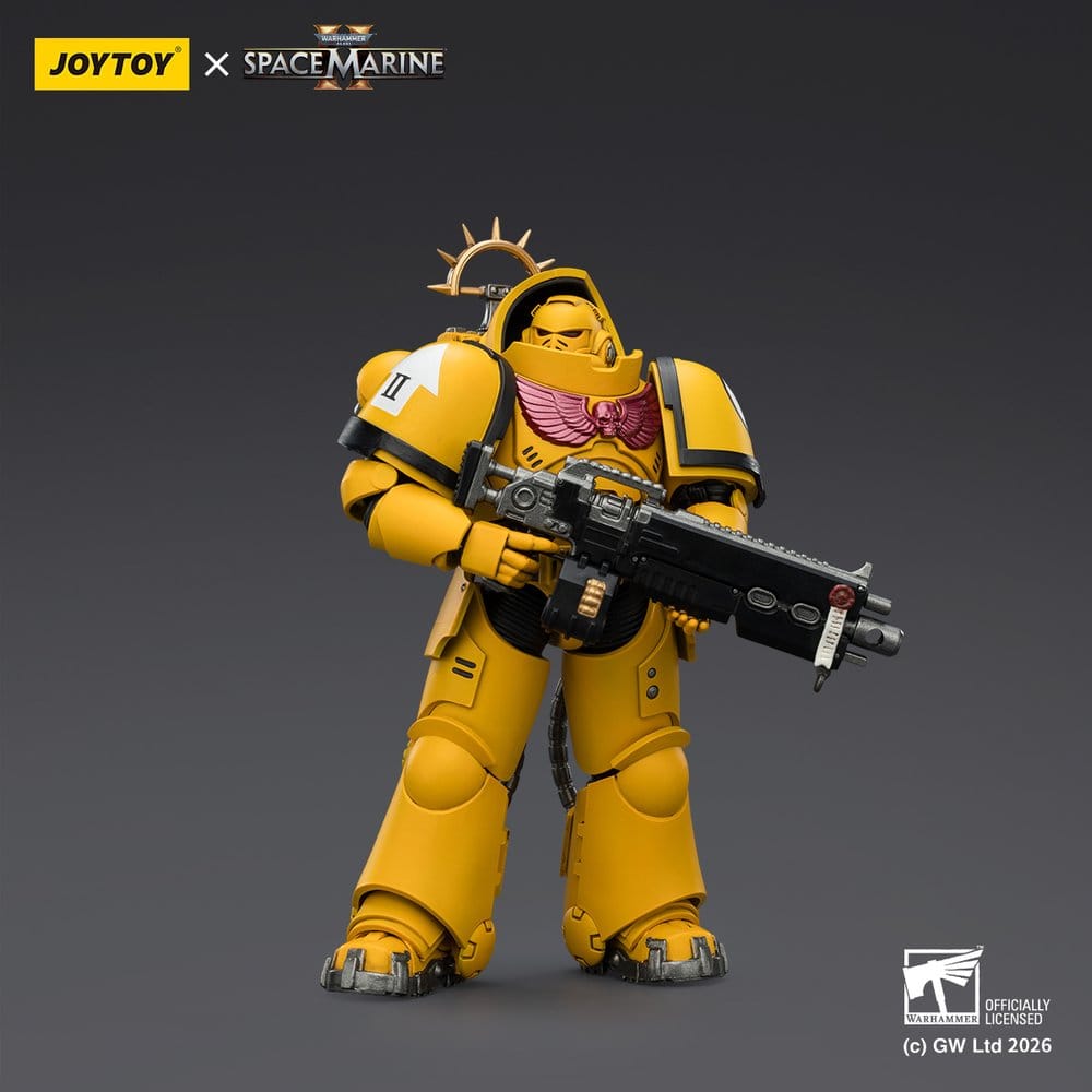 JoyToy Warhammer 40,000 Game Edition Imperial Fists Heavy Intercessor figure holding heavy bolt rifle, on dark grey