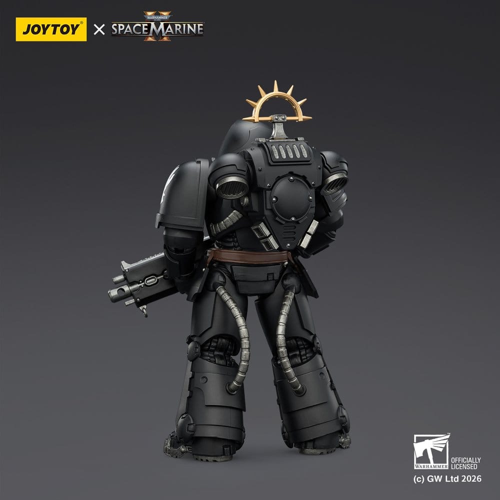JoyToy Warhammer 40,000 Game Edition Iron Hands Heavy Intercessor figure, rear view, on dark grey