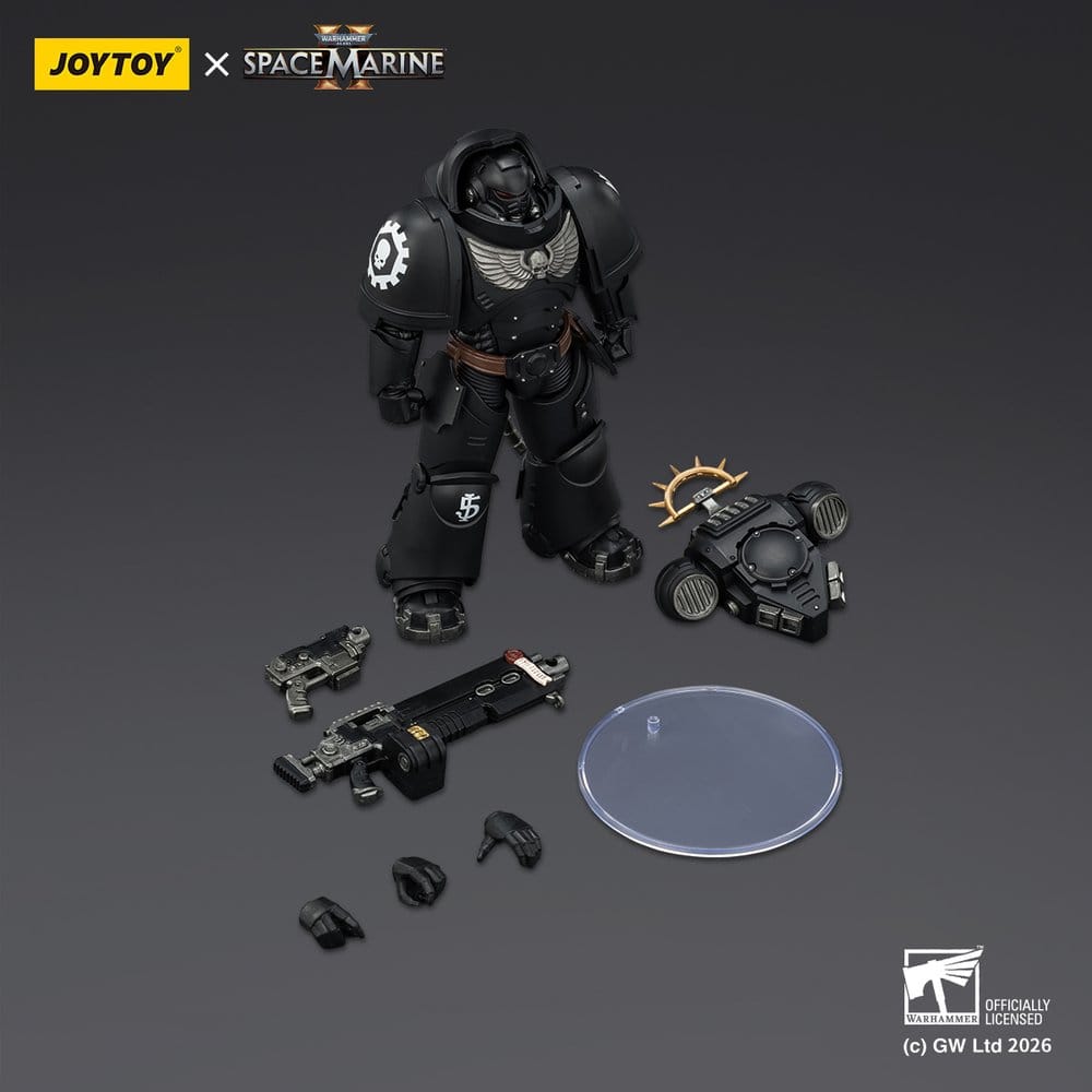 JoyToy Warhammer 40,000 Game Edition Iron Hands Heavy Intercessor with weapons, stand and spare hands laid out, on grey