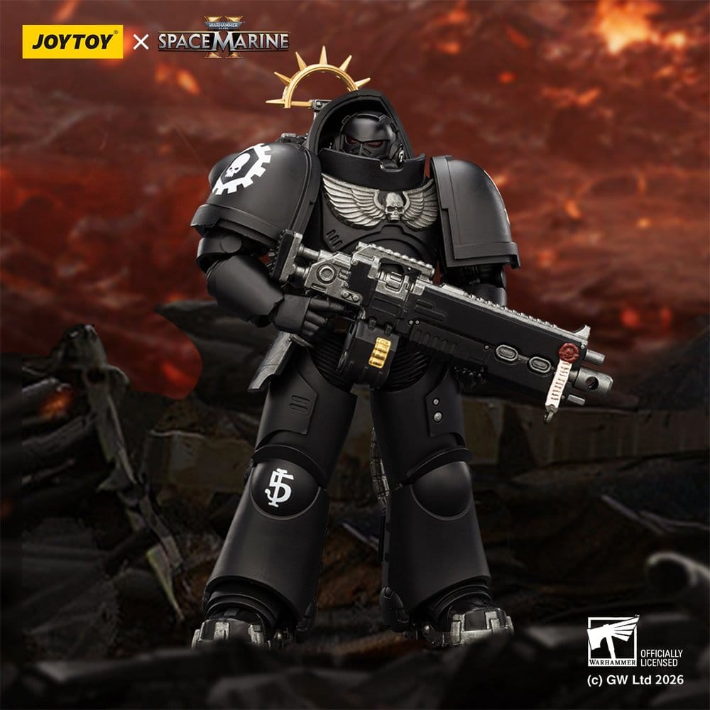 JoyToy Warhammer 40,000 Game Edition Iron Hands Heavy Intercessor figure on a fiery battlefield backdrop