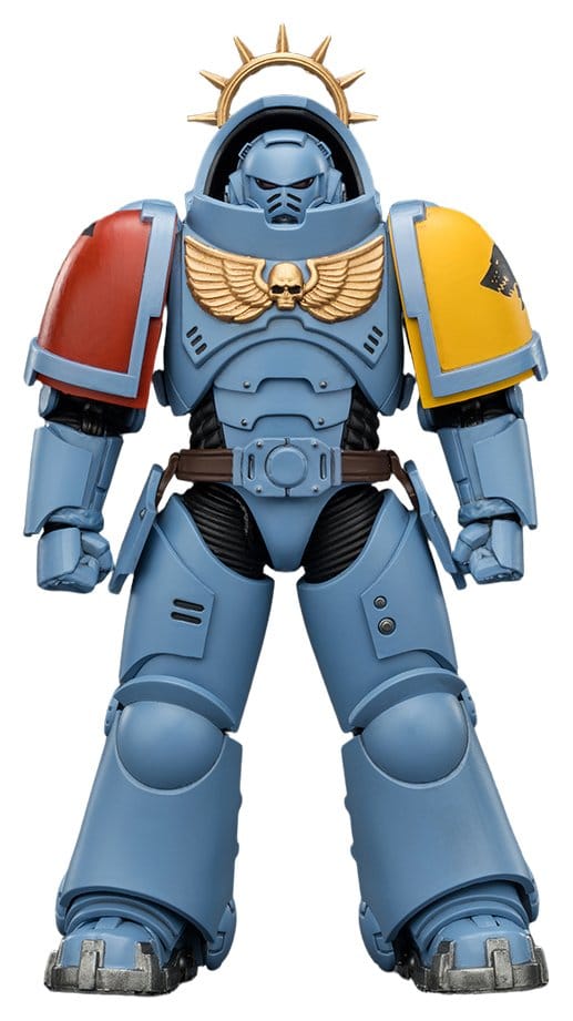 JoyToy Warhammer 40,000 Game Edition Space Wolves Heavy Intercessor figure, front view in grey-blue armour, plain white