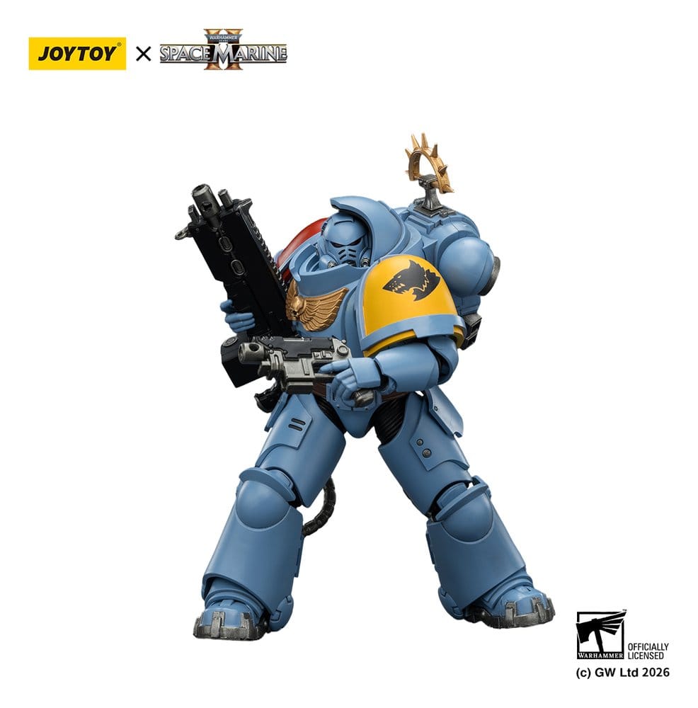 JoyToy Warhammer 40,000 Game Edition Space Wolves Heavy Intercessor figure raising bolt pistol, on white