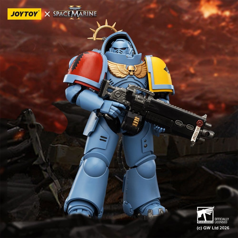 JoyToy Warhammer 40,000 Game Edition Space Wolves Heavy Intercessor figure on a fiery battlefield backdrop