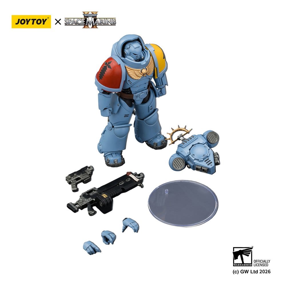 JoyToy Warhammer 40,000 Game Edition Space Wolves Heavy Intercessor with weapons, stand and spare hands laid out, on white