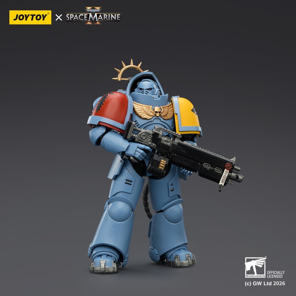 JoyToy Warhammer 40,000 Game Edition Space Wolves Heavy Intercessor figure holding heavy bolt rifle, on dark grey