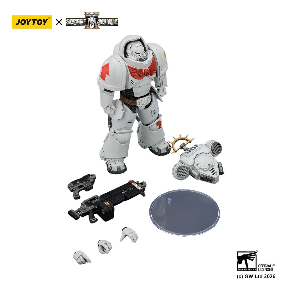 JoyToy Warhammer 40,000 Game Edition White Scars Heavy Intercessor with weapons, stand and spare hands laid out, on white