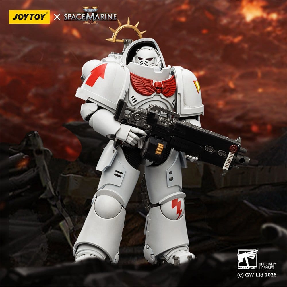 JoyToy Warhammer 40,000 Game Edition White Scars Heavy Intercessor figure on a fiery battlefield backdrop