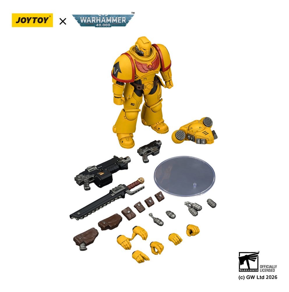 JoyToy Warhammer 40,000 Imperial Fists Intercessor figure with bolt rifle, chainsword, stand and parts laid out
