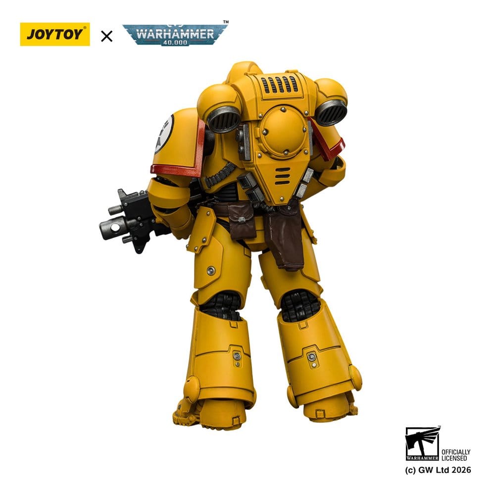 JoyToy Warhammer 40,000 Imperial Fists Intercessor figure, rear view showing backpack, on white