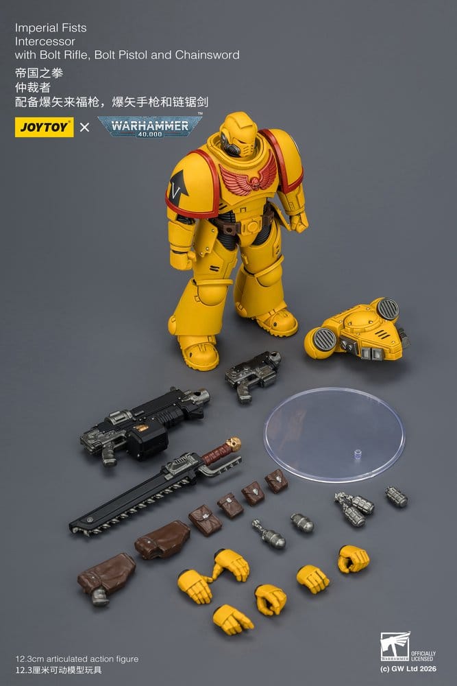 JoyToy Warhammer 40,000 Imperial Fists Intercessor figure with weapons and accessories laid out, on grey