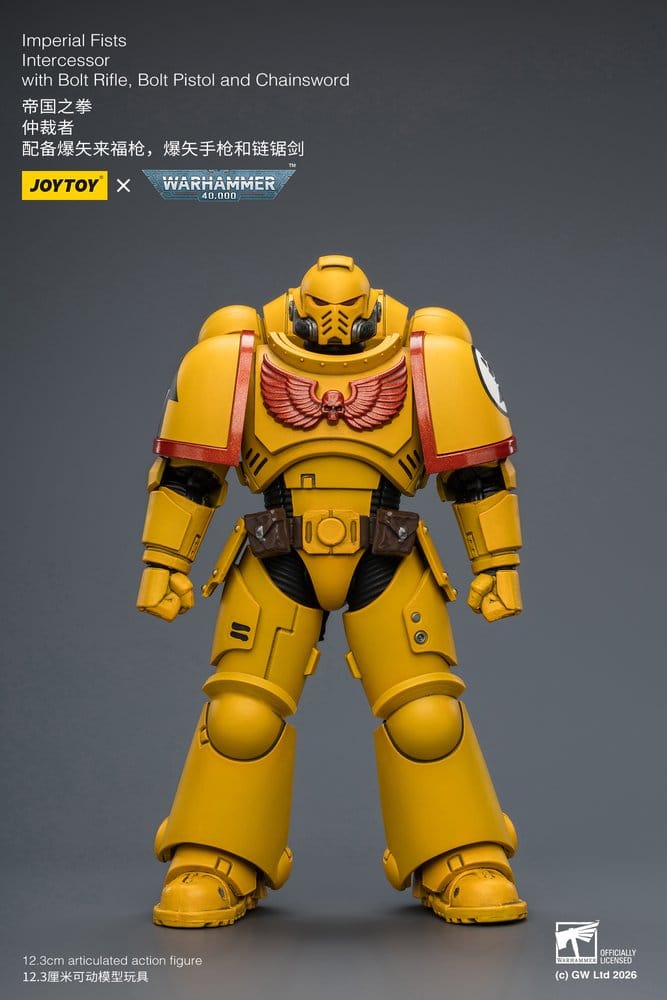 JoyToy Warhammer 40,000 Imperial Fists Intercessor figure, front view on grey promo card