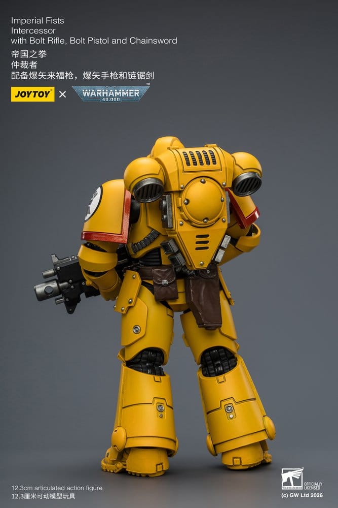 JoyToy Warhammer 40,000 Imperial Fists Intercessor figure, rear view with bolt rifle, on grey promo card