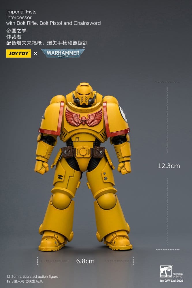 JoyToy Warhammer 40,000 Imperial Fists Intercessor figure with 12.3 cm by 6.8 cm size markings, on grey