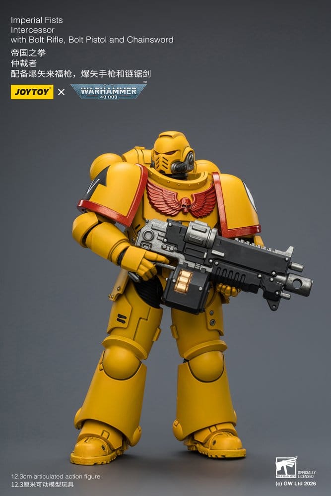 JoyToy Warhammer 40,000 Imperial Fists Intercessor figure aiming bolt rifle to the side, on grey promo card
