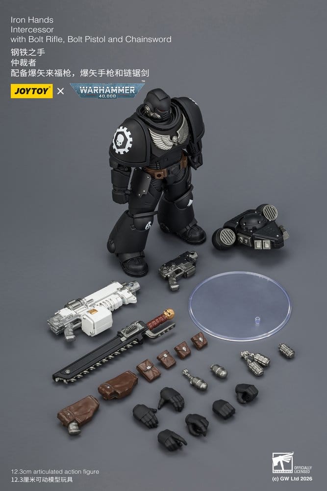 JoyToy Warhammer 40,000 Iron Hands Intercessor figure with weapons and accessories laid out, on grey