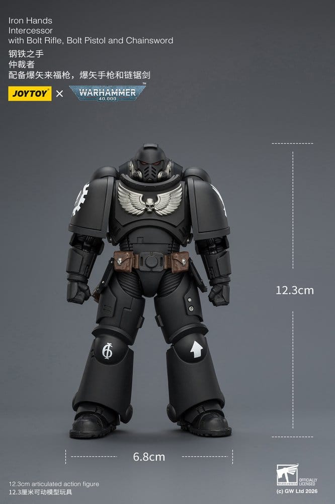JoyToy Warhammer 40,000 Iron Hands Intercessor figure with 12.3 cm by 6.8 cm size markings, on grey