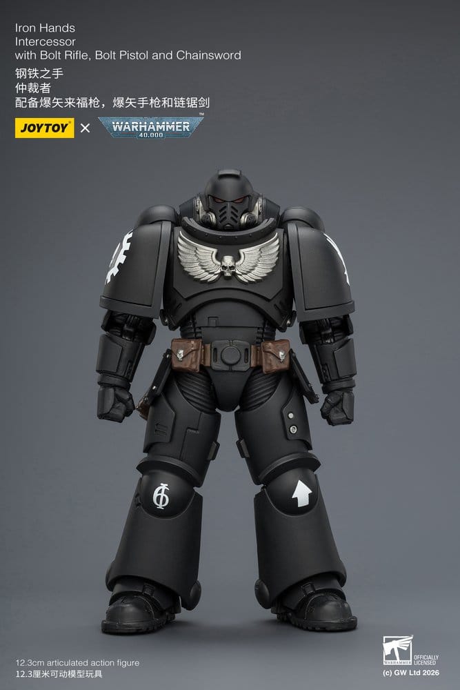 JoyToy Warhammer 40,000 Iron Hands Intercessor figure, front view on grey promo card