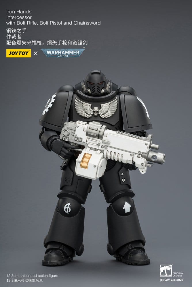 JoyToy Warhammer 40,000 Iron Hands Intercessor figure holding white bolt rifle, on grey promo card