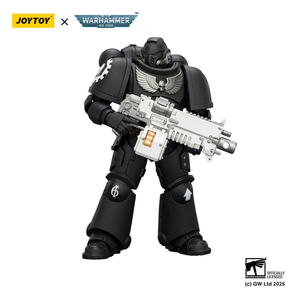 JoyToy Warhammer 40,000 Iron Hands Intercessor figure holding white bolt rifle at the ready, on white