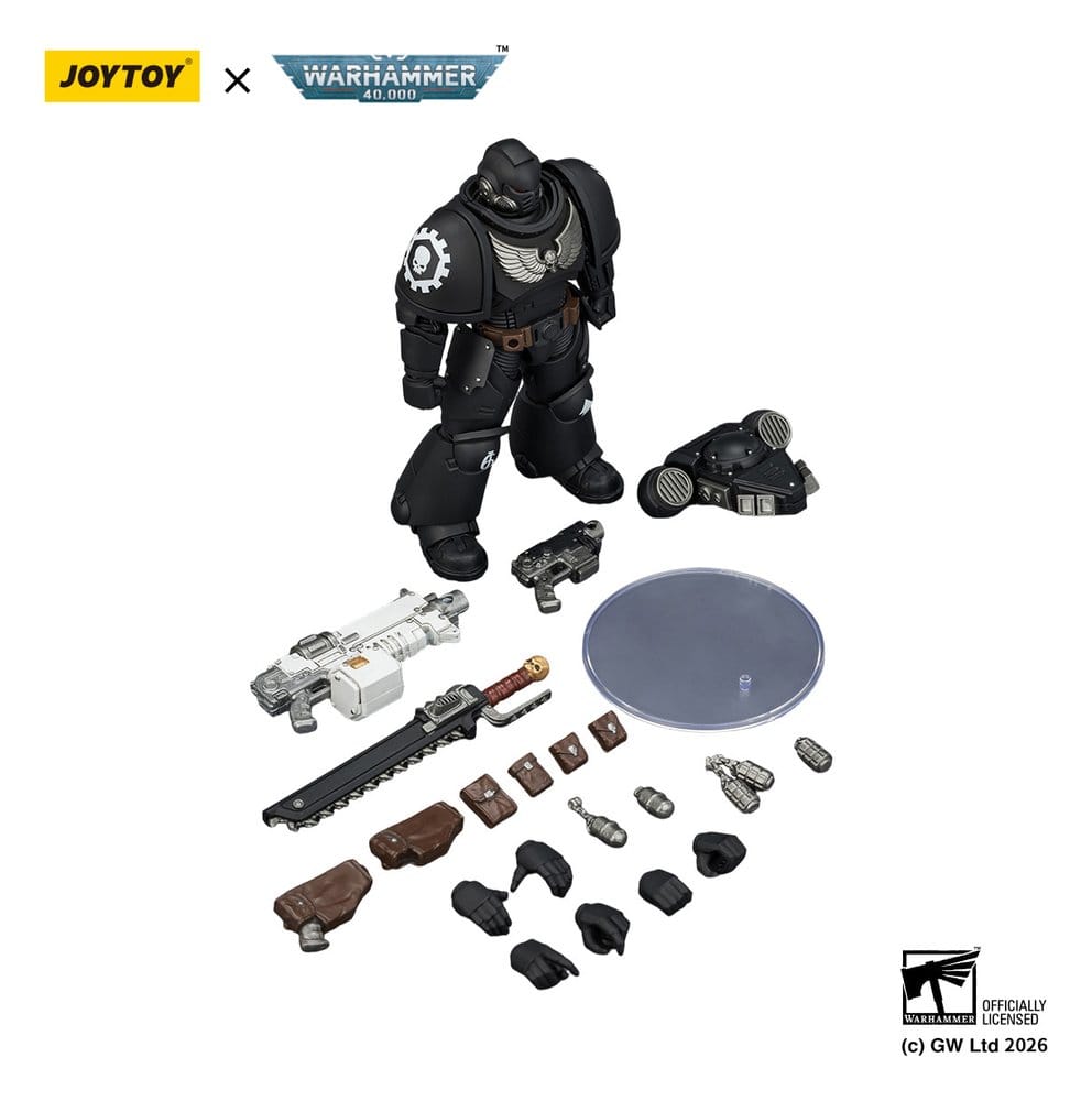 JoyToy Warhammer 40,000 Iron Hands Intercessor figure with bolt rifle, chainsword, stand and parts laid out