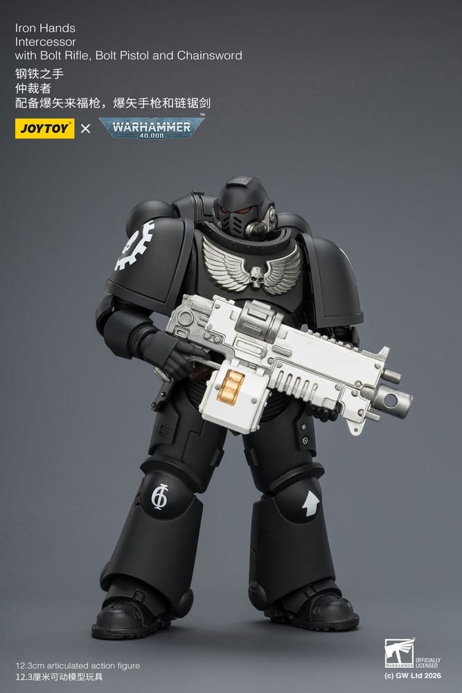 JoyToy Warhammer 40,000 Iron Hands Intercessor figure aiming bolt rifle to the side, on grey promo card