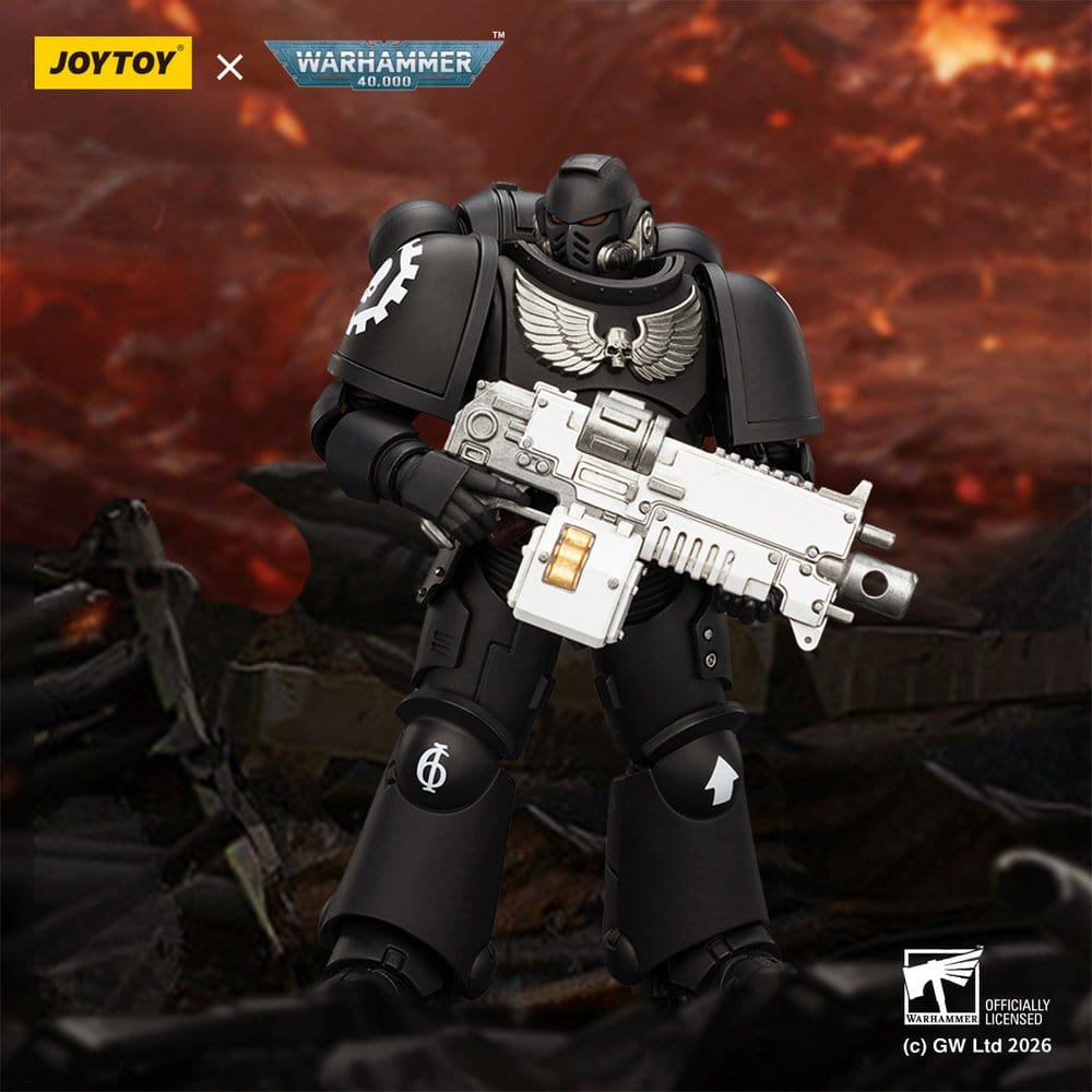 JoyToy Warhammer 40,000 Iron Hands Intercessor figure with bolt rifle on a fiery battlefield backdrop