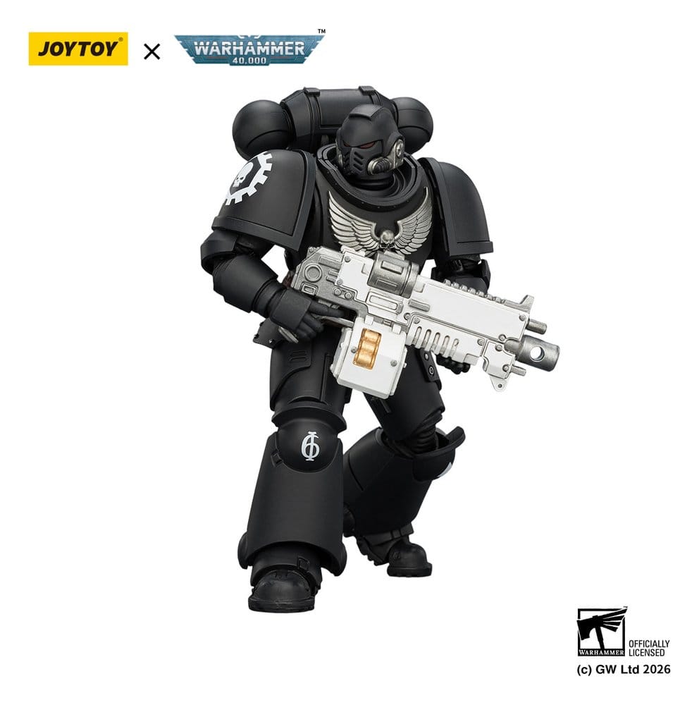 JoyToy Warhammer 40,000 Iron Hands Intercessor figure striding with white bolt rifle, on white