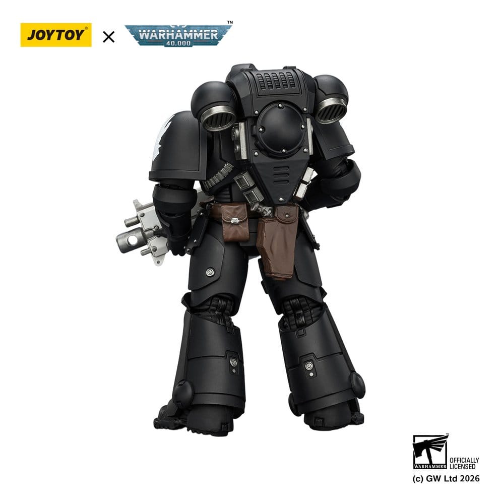 JoyToy Warhammer 40,000 Iron Hands Intercessor figure, rear view showing backpack, on white