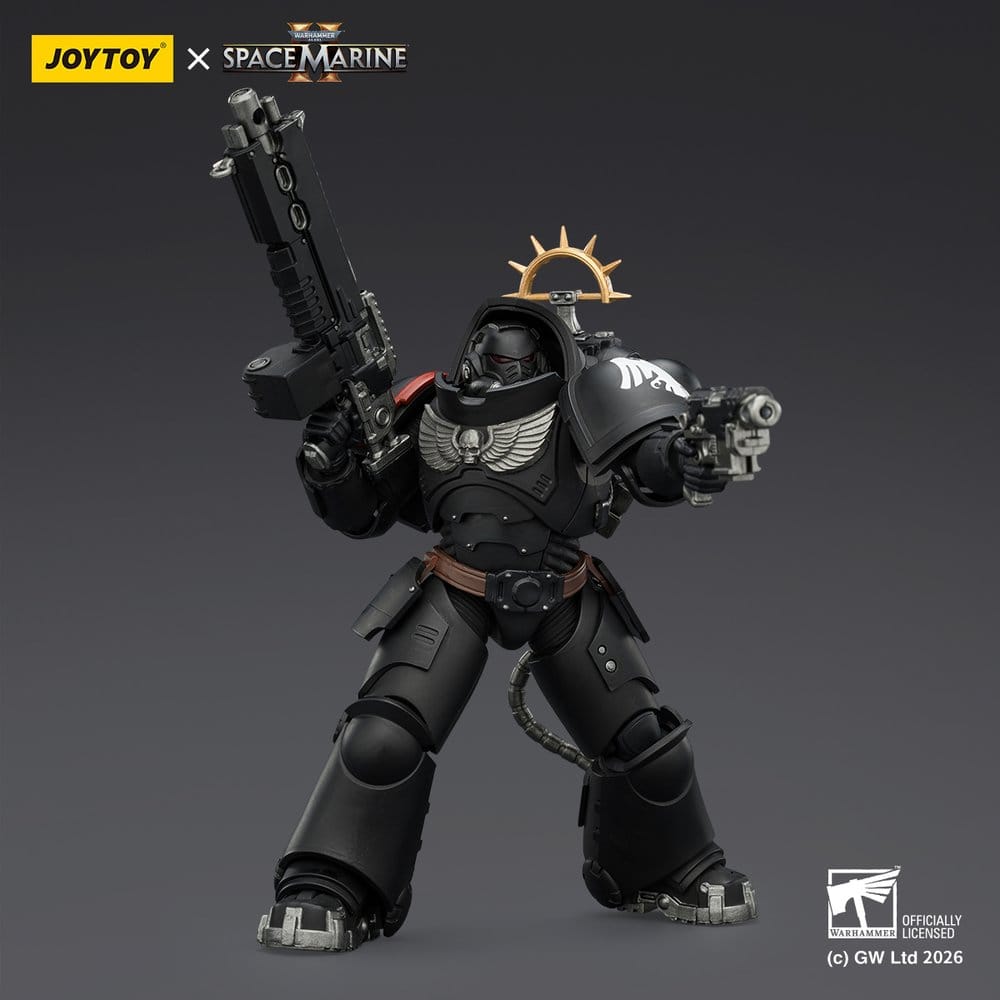 JoyToy Warhammer 40,000 Raven Guard Heavy Intercessor figure raising bolt pistol, on dark grey