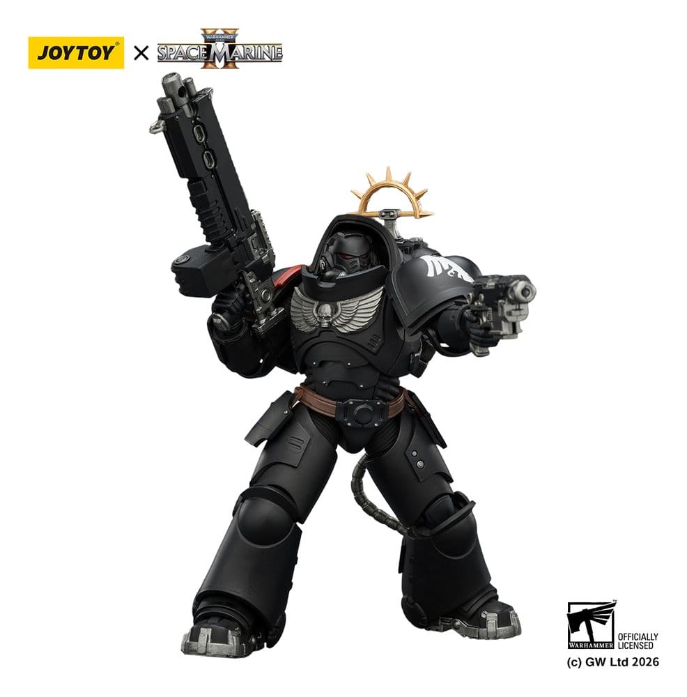 JoyToy Warhammer 40,000 Raven Guard Heavy Intercessor figure raising bolt pistol, on white