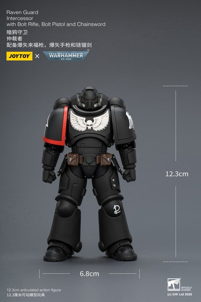 JoyToy Raven Guard Intercessor 12 cm action figure, front view with height marked at 12.3 cm