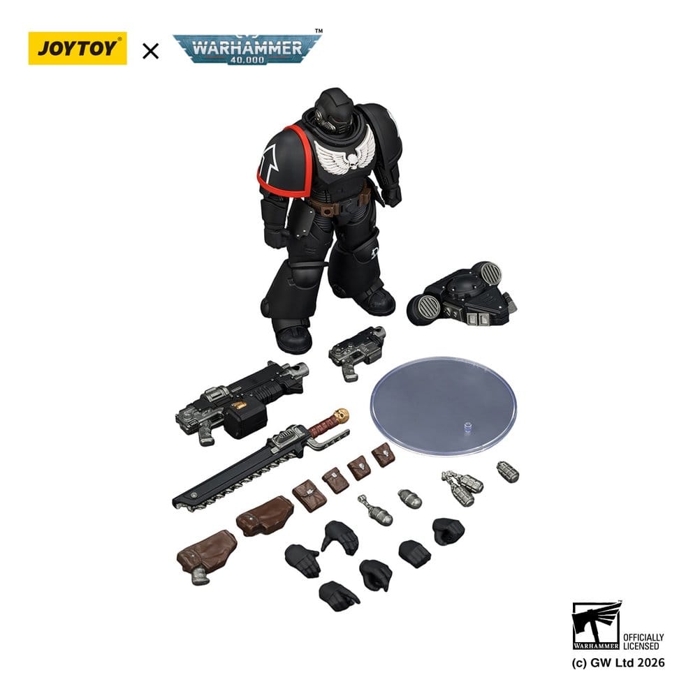 JoyToy Raven Guard Intercessor 12 cm action figure with spare hands, weapons and clear display stand laid out