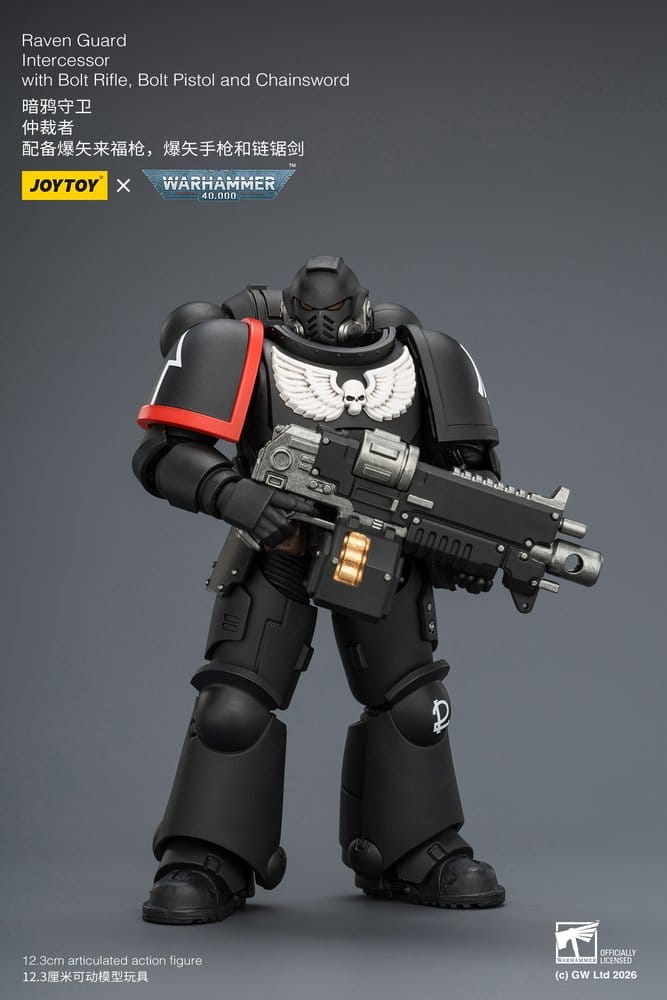JoyToy Raven Guard Intercessor 12 cm action figure, holding bolt rifle, front view on grey background