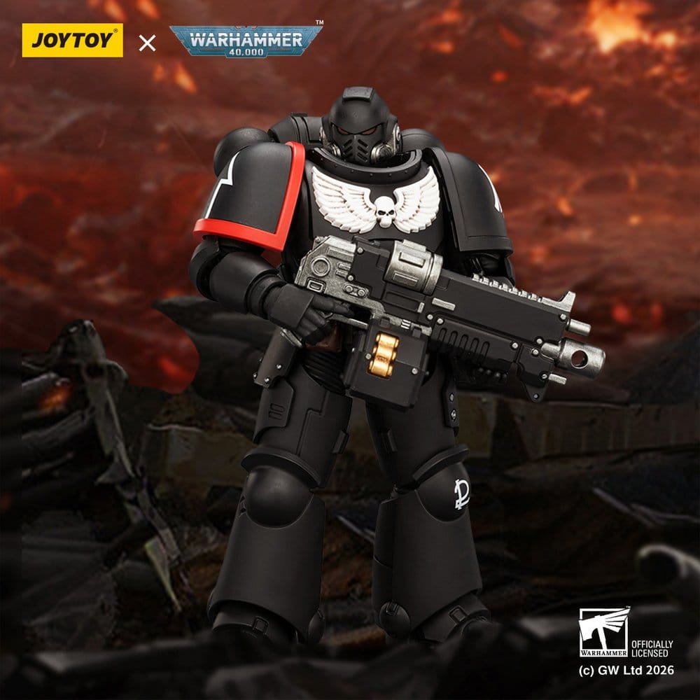 JoyToy Raven Guard Intercessor 12 cm action figure, holding bolt rifle against a battlefield backdrop
