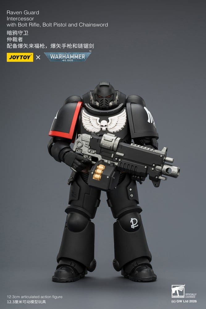 JoyToy Raven Guard Intercessor 12 cm action figure, holding bolt rifle, angled front view on grey background