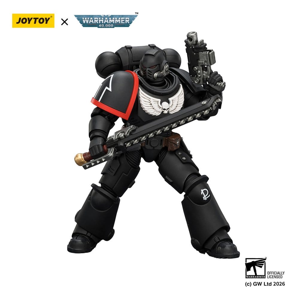 JoyToy Raven Guard Intercessor 12 cm action figure, posed with chainsword and raised bolt pistol, white background