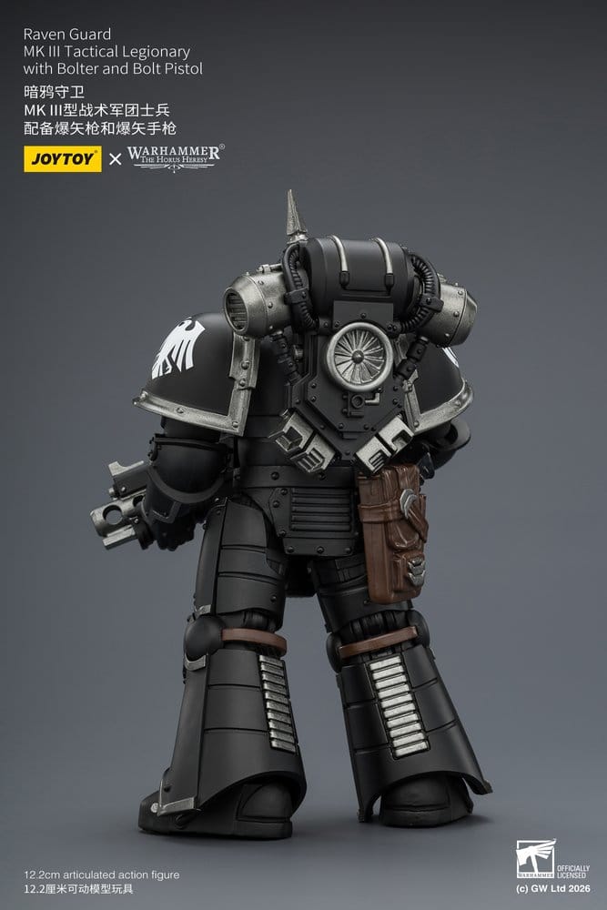 JoyToy Raven Guard MK III Tactical Legionary 12 cm action figure, back view showing backpack and holster