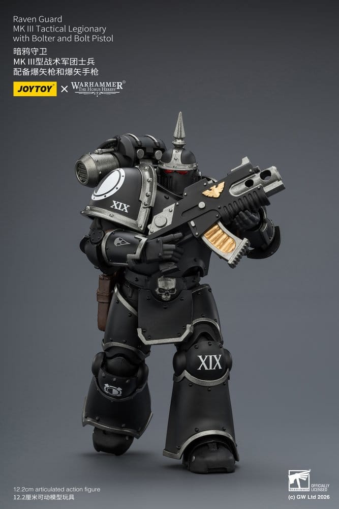 JoyToy Raven Guard MK III Tactical Legionary 12 cm action figure, bolter held across chest, angled view
