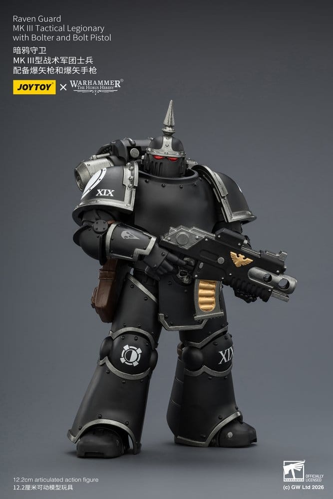 JoyToy Raven Guard MK III Tactical Legionary 12 cm action figure, holding bolter, angled view on grey background