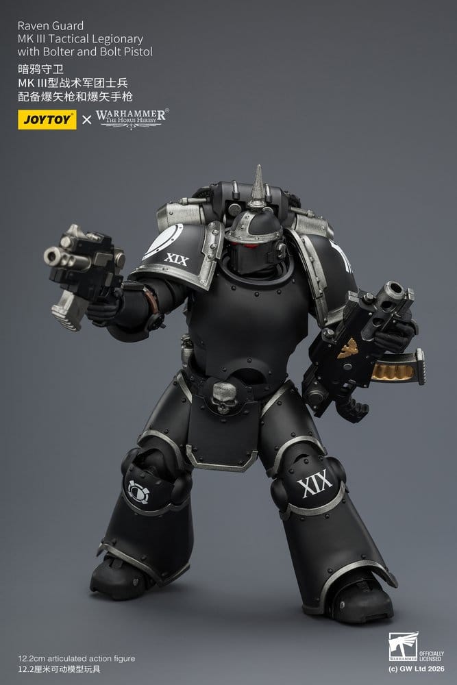 JoyToy Raven Guard MK III Tactical Legionary 12 cm action figure, aiming bolt pistol and bolter in both hands