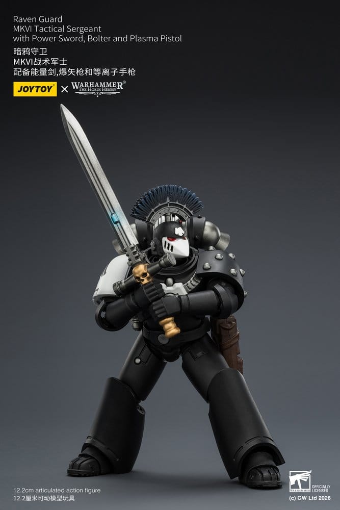 JoyToy Raven Guard MkVI Tactical Sergeant 12 cm action figure, power sword raised overhead