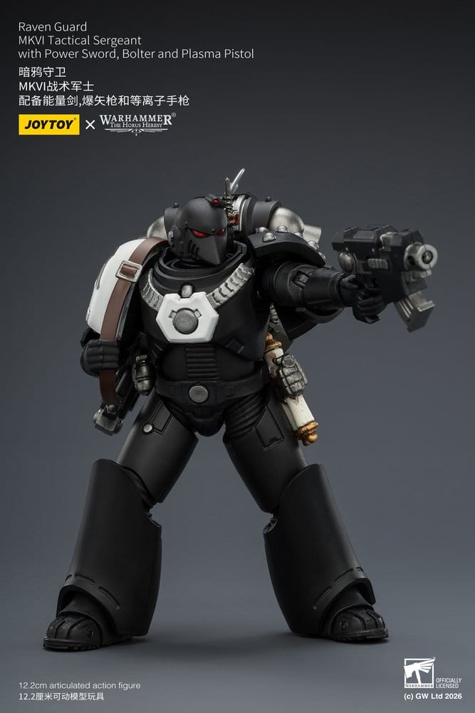 JoyToy Raven Guard MkVI Tactical Sergeant 12 cm action figure, plain helmet fitted, aiming bolter, angled view