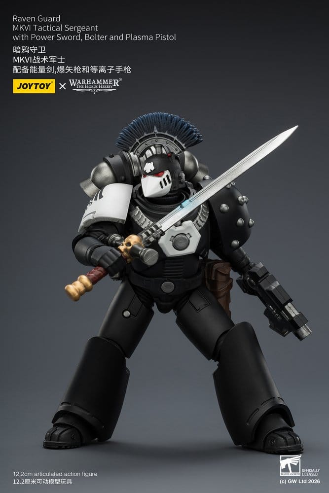 JoyToy Raven Guard MkVI Tactical Sergeant 12 cm action figure, two-handed power sword pose, angled view