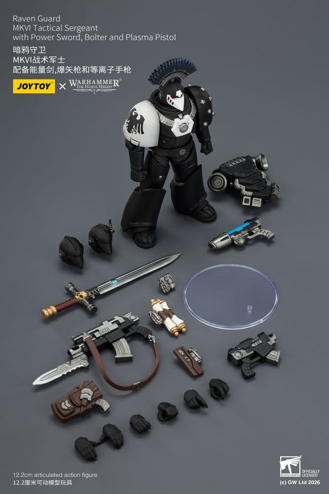 JoyToy Raven Guard MkVI Tactical Sergeant 12 cm, contents: sword, bolter, pistols, spare heads, hands and stand laid out