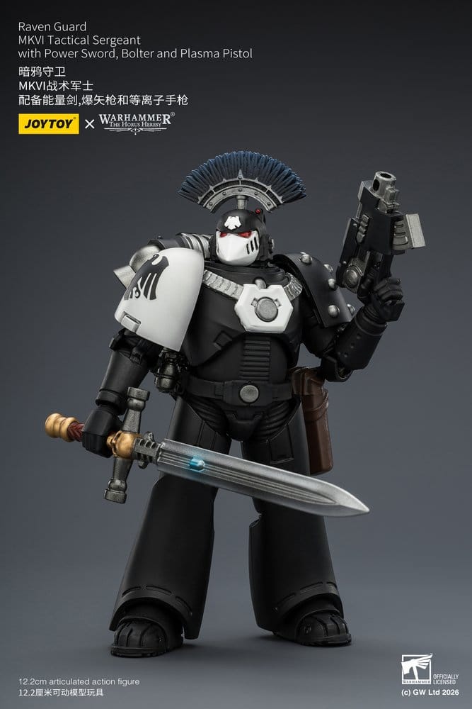 JoyToy Raven Guard MkVI Tactical Sergeant 12 cm action figure, power sword lowered and bolter raised, front view