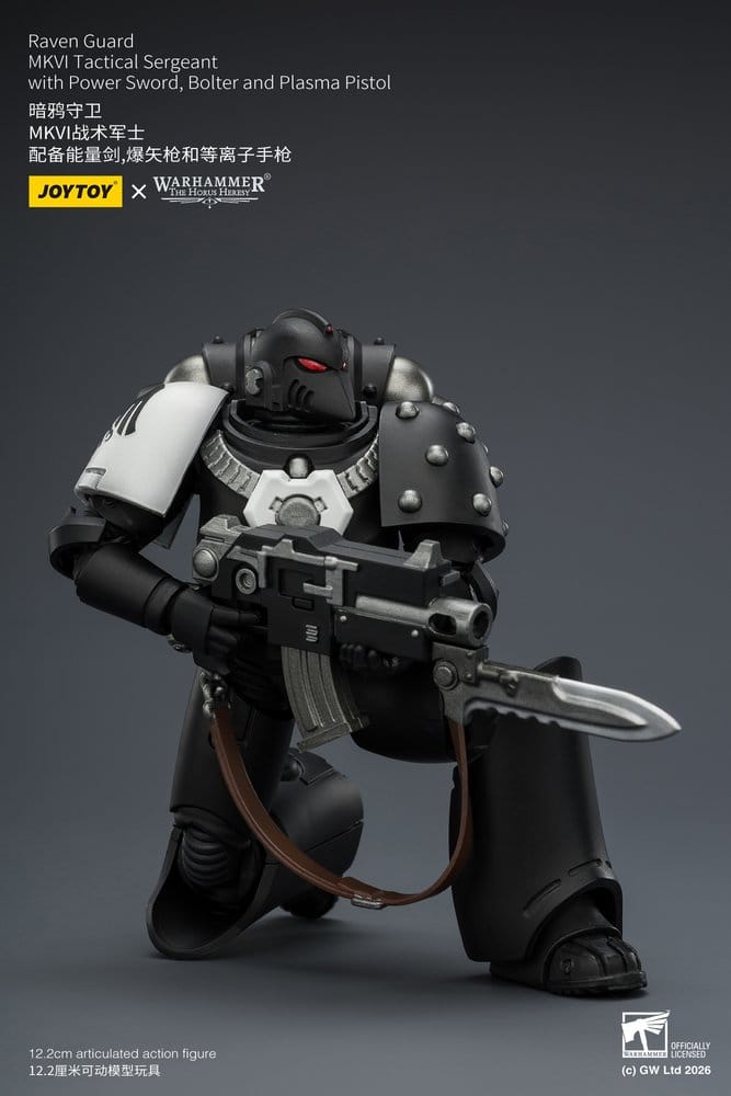 JoyToy Raven Guard MkVI Tactical Sergeant 12 cm action figure, kneeling with plain helmet, bolter and knife
