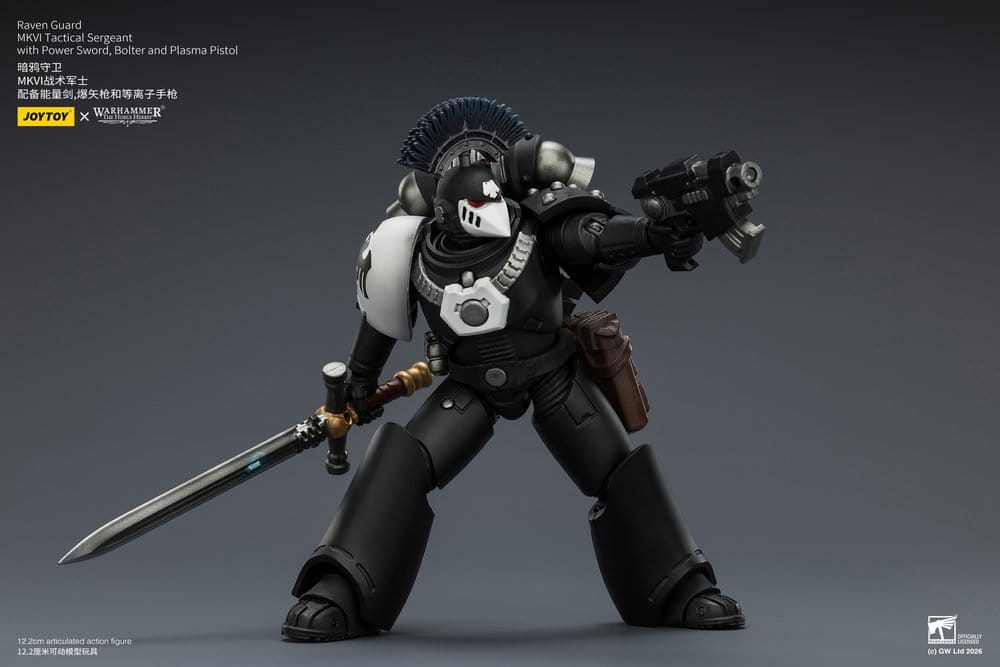 JoyToy Raven Guard MkVI Tactical Sergeant 12 cm action figure, lunging pose with power sword and aimed pistol