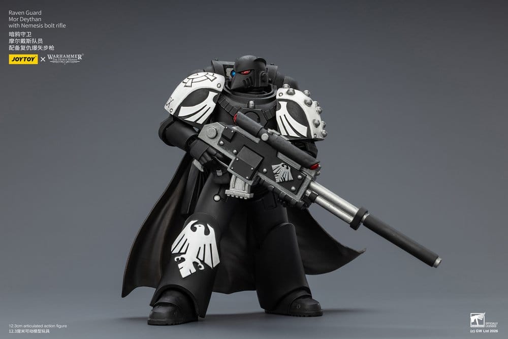 JoyToy Raven Guard Mor Deythan 12 cm action figure, aiming rifle, angled front view