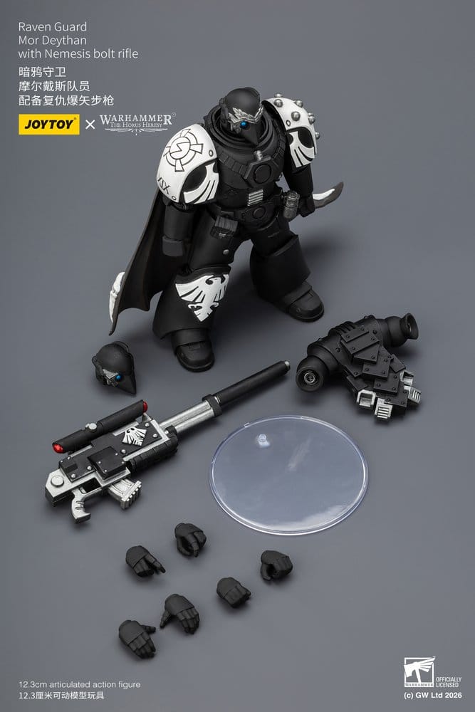 JoyToy Raven Guard Mor Deythan 12 cm action figure with rifle, spare hands, backpack and display stand laid out