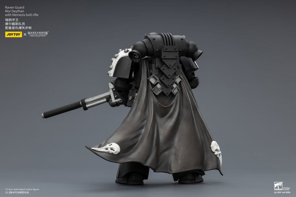JoyToy Raven Guard Mor Deythan 12 cm action figure, back view showing cloak and slung rifle